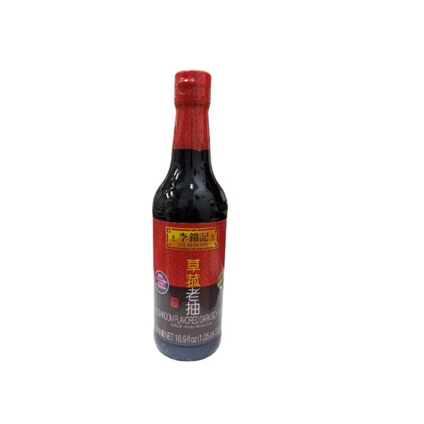 mushroom flavored dark soy sauce in a glass bottle