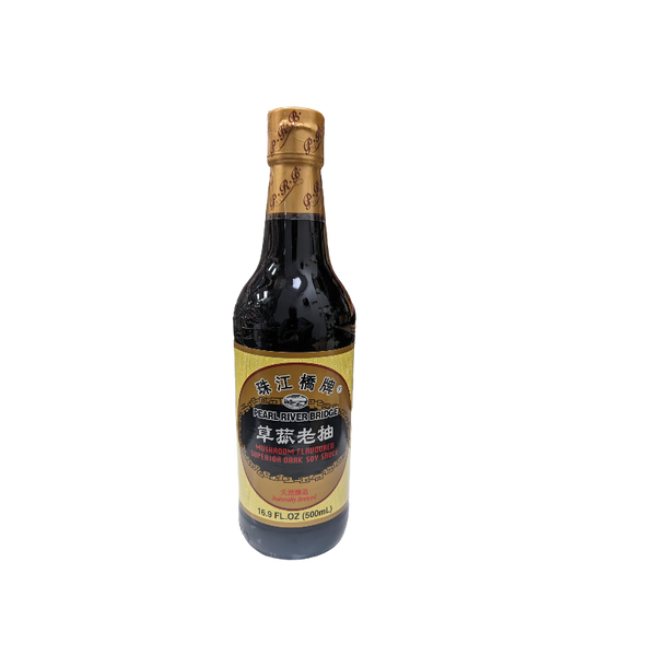 Mushroom flavored superior dark soy sauce in a glass bottle