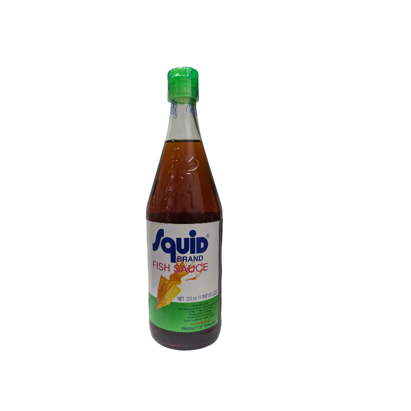 squid brand fish sauce in glass bottle