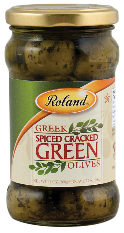 Green Cracked Olives, Spiced in E-V Olive Oil
